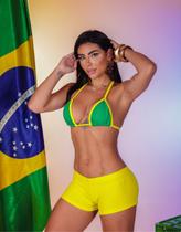 Conjunto Biquíni Brasil Cortininha e Micro Short Canelado Empina Bumbum Verde e Amarelo Moda Praia e Fitness