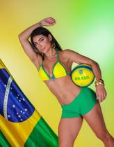 Conjunto Biquíni Brasil Cortininha e Micro Short Canelado Empina Bumbum Verde e Amarelo Moda Praia e Fitness