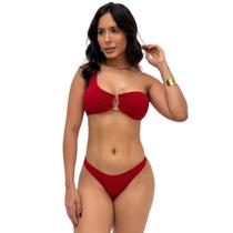 Conjunto Biquíni com Bojo Alça Única Detalhe Dourado Fio Dental