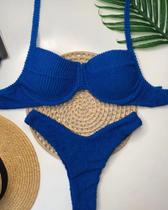 Conjunto Biquíni Feminino Meia Taça Retrô Na Cor Azul Big Texturizado Com Bojo TAM G