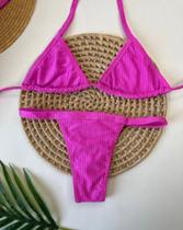 Conjunto Biquíni Feminino Tanga Fita Na Cor Rosa Pink Canelado TAM G