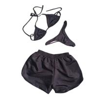 Conjunto Biquíni Fio Dental com Shorts Tactel Marquinha Bronzeamento Imita Fita Asa Delta