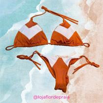 Conjunto Biquíni Ibiza Marrom e Branco - Flor de Praia Conjunto Biquíni Ibiza Marrom e Branco - Flor de Praia