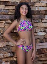 Conjunto Biquíni Infantil Juvenil estampado cropped cruzado calcinha basica Conjunto Biquíni Infantil Juvenil estampado cropped cruzado calcinha basica