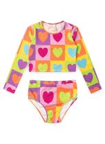 Conjunto Biquíni Infantil Menina Pink Cropped Manga Longa e Calcinha Corações