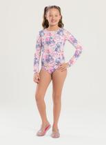 Conjunto Biquíni Infantil Menina Rosa Blusa Manga Longa e Calcinha Conchas e Flores