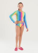 Conjunto Biquíni Infantil Menina Rosa Cropped Manga Longa e Calcinha Arco-Íris Conjunto Biquíni Infantil Menina Rosa Cropped Manga Longa e Calcinha Arco-Íris