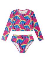 Conjunto Biquíni Infantil Menina Rosa Manga Longa Proteção UV 50+ Dino