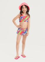 Conjunto Biquíni Infantil Menina Rosa Top Alcinha com Laço e Calcinha Saia Corações