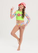Conjunto Biquíni Infantil Menina Verde Cropped Manga Longa e Calcinha Flores Sorridentes Conjunto Biquíni Infantil Menina Verde Cropped Manga Longa e Calcinha Flores Sorridentes