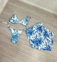 Conjunto biquíni top, calcinha + short estampado feminino azul e branco