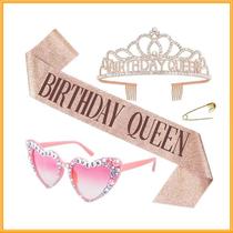 Conjunto Birthday Queen com óculos de coração, coroa e faixa