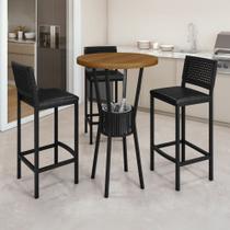 Conjunto Bistrô Bar Ripado 1 Mesa Tampo Madeira Maciça Redondo 3 Banquetas Madri - PAONANDA DECOR