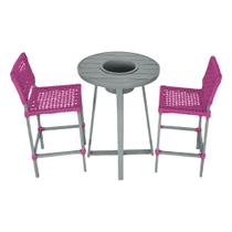 Conjunto Bistrô Champanheira Cinza Tampo Ripado e 2 Banquetas França Corda Náutica Rosa