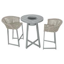 Conjunto Bistrô Champanheira Cinza Tampo Ripado e 2 Banquetas Reis Corda Náutica Areia