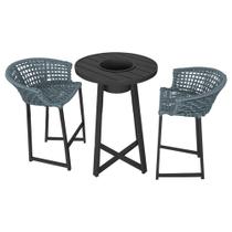 Conjunto Bistrô Champanheira Tampo Ripado e 2 Banquetas Reis Corda Náutica Cinza