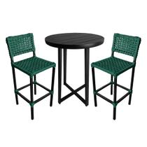 Conjunto Bistro Garden Tulipa Preto com 2 Banquetas Verde Oliva em Corda Náutica Linha França