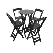 Conjunto Bistrô Mesa Dobrável de Madeira Redonda com 4 Banquetas Preta - Tarimatã