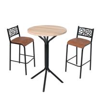 Conjunto bistro sala jogo jantar ciplafe dani 2 banquetas alta tubo bronze com tampo madeira bp carvalho montreal 0,65m redondo assento estofado