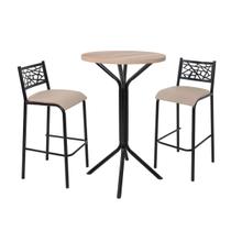 Conjunto bistro sala jogo jantar ciplafe dani 2 banquetas alta tubo bronze com tampo madeira bp carvalho montreal 0,65m redondo assento estofado