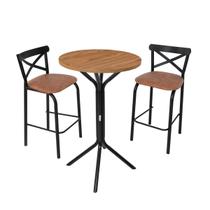 Conjunto bistro sala jogo jantar ciplafe paris 2 banquetas tubo preto fosco com tampo madeira bp amendoa 0,65m redondo