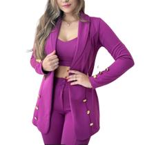 Conjunto Blazer Feminino Casaco Casaquinho Social Slim Para Trabalho Calça e Crooped Tamanho M