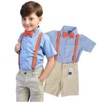 Conjunto Blippi Manga Curta Bermuda Infantil Gravata e Suspensório laranja