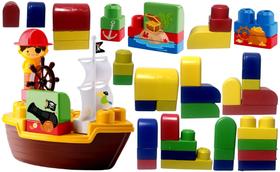 Conjunto Blocos De Montar Infantil Para Criança - Navio Barco Pirata - Com Cartela De Adesivos Para Decorar - Brinquedo Unissex - 49 Peças