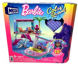 Conjunto Blocos De Montar Mega Construx Exploração De Golfinhos - Com Duas Micro Bonecas Barbie Color Reveal E Acessórios Praia - 121 Peças - Mattel