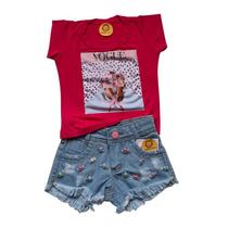 Conjunto Blogueira Blusa T-shirt E Shorts Jeans Menina