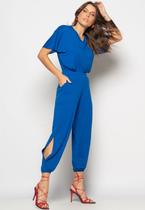 Conjunto Blusa Ampla Gola V e Calça Jogger Fenda Malha Azul Royal Salvatore