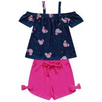 Conjunto blusa azul marinho ratinhas e short rosa Kiko e Kika