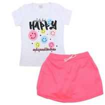 Conjunto Blusa Branca com Short Saia Rosa Neon Meninas Verão