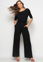 Conjunto Blusa Canoa 3/4 e Wide Leg Malha Preto Salvatore