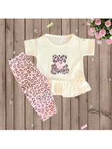 Conjunto Blusa Com Calça Ursinho Oncinha Manga Curta Bebê Menina Blogueirinha Tam RN a 03 Meses