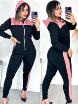 Conjunto blusa com zíper frontal, capuz e calça com bolsos em Tecido Crepe Premium, conjunto feminino preto legging jaqueta casaco touca frio inverno Conjunto blusa com zíper frontal, capuz e calça com bolsos em Tecido Crepe Premium, conjunto feminino preto legging jaqueta casaco touca frio inverno