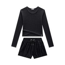 Conjunto Blusa Cropped e Short Preto Metalizado Nina Go Conjunto Blusa Cropped e Short Preto Metalizado Nina Go