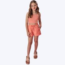 Conjunto Blusa Cropped Em Viscolinho E Shorts Em Tecido Grid Chenille Juvenil Menina Vic&Vicky 83711 Coral