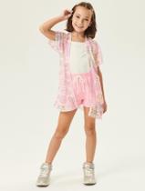 Conjunto Blusa Cropped, Kimono Em Tela E Short Natural E Rosa Abrange