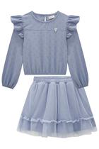 Conjunto Blusa Cropped Manga Longa Crepe Saia Tule Elastano Conjunto Blusa Cropped Manga Longa Crepe Saia Tule Elastano