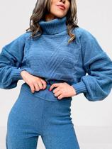 Conjunto Blusa e Calça de Tricô Manga Longa Tricot Quentinho Mousse Feminino Moda Outono/Inverno
