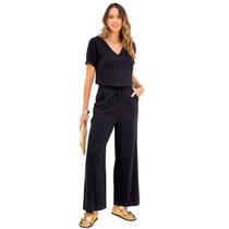 Conjunto Blusa e Calça Pantalona Lisa Feminina em Linho com Viscose Elegante Casual