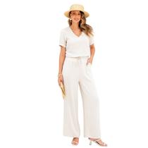 Conjunto Blusa e Calça Pantalona Lisa Feminina em Linho com Viscose Elegante Casual Conjunto Blusa e Calça Pantalona Lisa Feminina em Linho com Viscose Elegante Casual