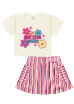 Conjunto Blusa E Saia Listrada Natural E Rosa Neon Abrange Conjunto Blusa E Saia Listrada Natural E Rosa Neon Abrange