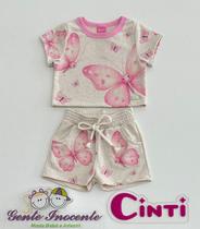 Conjunto Blusa e Shorts Infantil Feminino Borboletas Rosa com Brilho