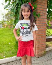 Conjunto Blusa E Shorts Saia Sarja Minnie Mickey Cerejinhas Strass Animê