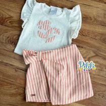 Conjunto Blusa em Jacquard Linho e Shorts Saia Moletom Listrado Rosa - Kiki Xodó