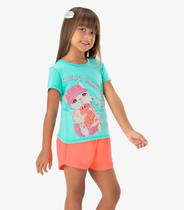 Conjunto Blusa Estampa De Gato E Shorts Rovi Kids Azul