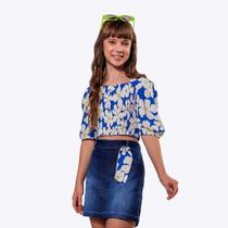 Conjunto Blusa Estampa Floral e Saia Jeans Juvenil Menina Vigat 7859