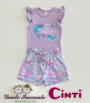 Conjunto Blusa Lilás Golfinhos e Shorts Escamas Candy Cinti